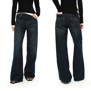 EMPTY PAGE 深蓝色水洗直筒猫须牛仔裤