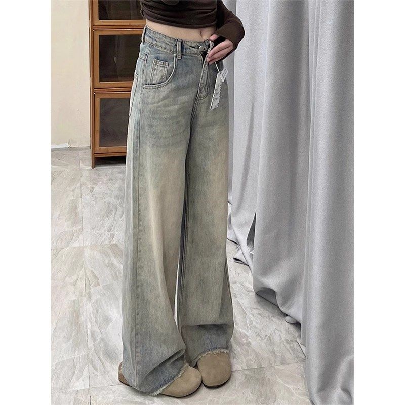 复古水洗毛边牛仔裤女2024春秋季新款怀旧高腰直筒阔腿垂感长裤子,女装/女士精品,卫裤,淘宝优惠券,粉丝福利购,淘宝优惠卷