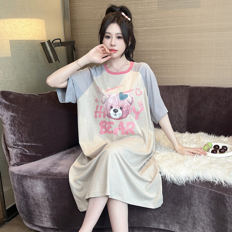 纯棉睡裙女夏季短袖大码中长款连衣裙卡通学生睡衣宽松孕妇家居服