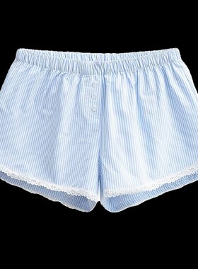 BM MICN美式蓝白条纹四角裤居家短裤少女甜美蕾丝边三粒扣直筒裤