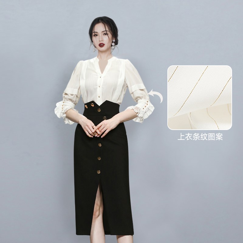 职业套装成熟御姐女装气质条纹衬衫高腰中长款ol开叉半身裙两件套