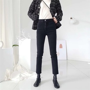 加绒直筒九分牛仔裤女高腰薄绒2021秋冬加厚微喇八分烟管裤小黑裤