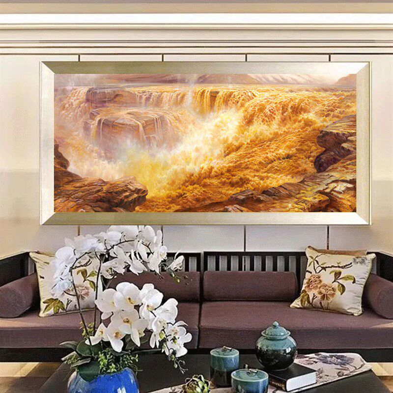 招财高档黄河油画壶口瀑布别墅客厅装饰画办公室大堂壁画聚宝盆,家居饰品,油画,淘宝优惠券,粉丝福利购,淘宝优惠卷