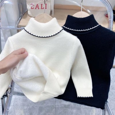 女童加绒毛衣一体绒冬季新款保暖白色打底衫儿童黑色高领童装洋气