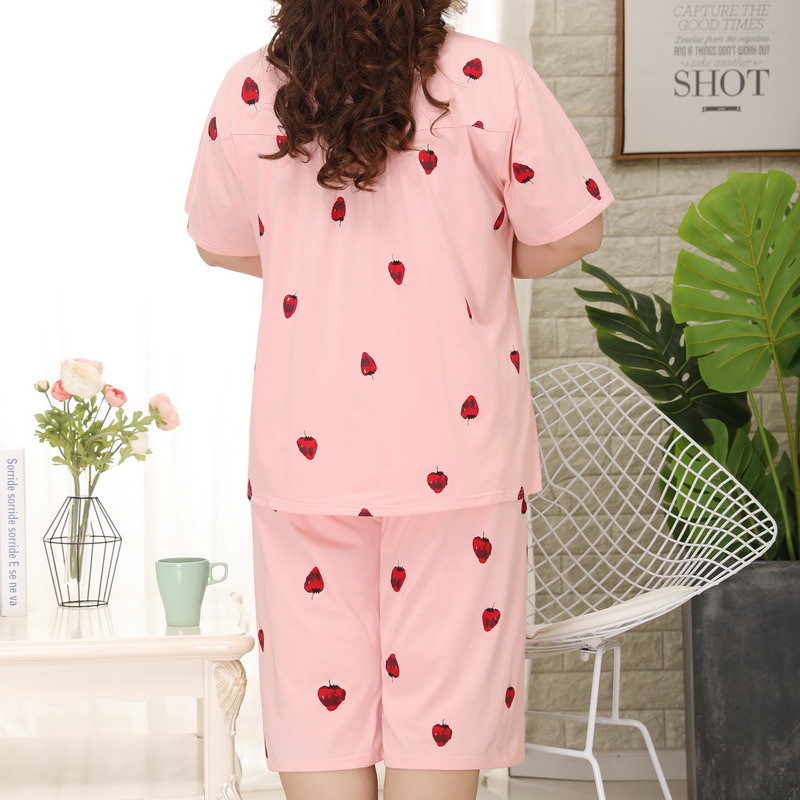 大码女睡衣夏季纯棉短袖七分裤200斤胖mm圆领甜美时尚居家服套装