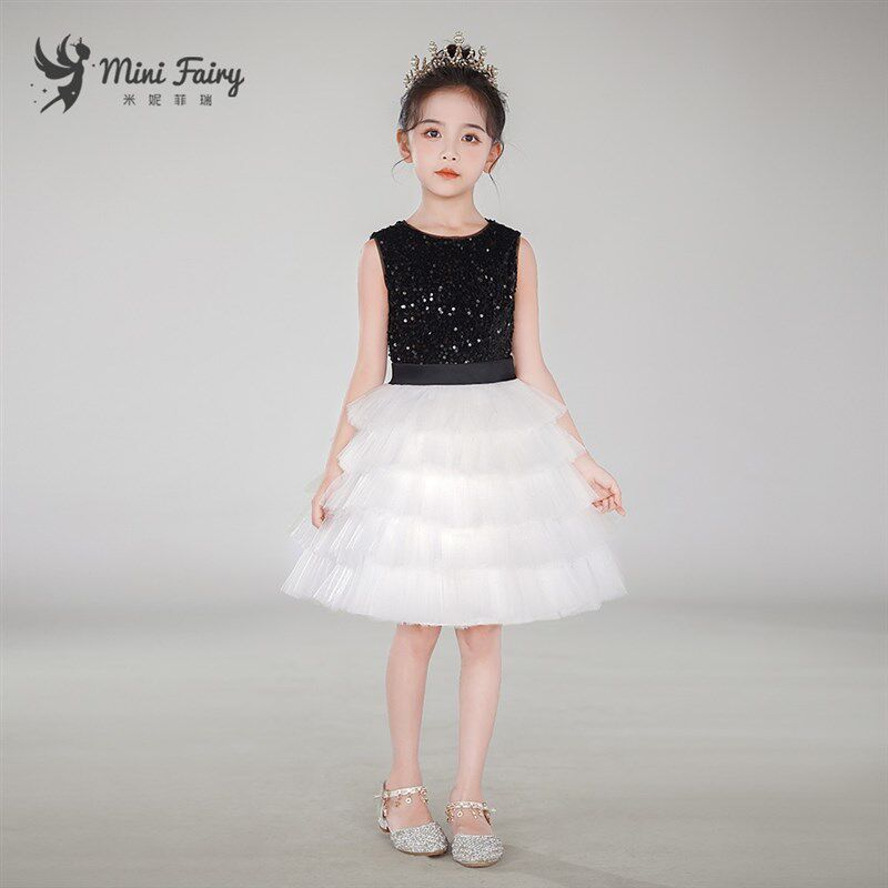 女童高端礼服黑白网纱蛋糕裙女孩小提琴演奏比赛公主裙钢琴演出服