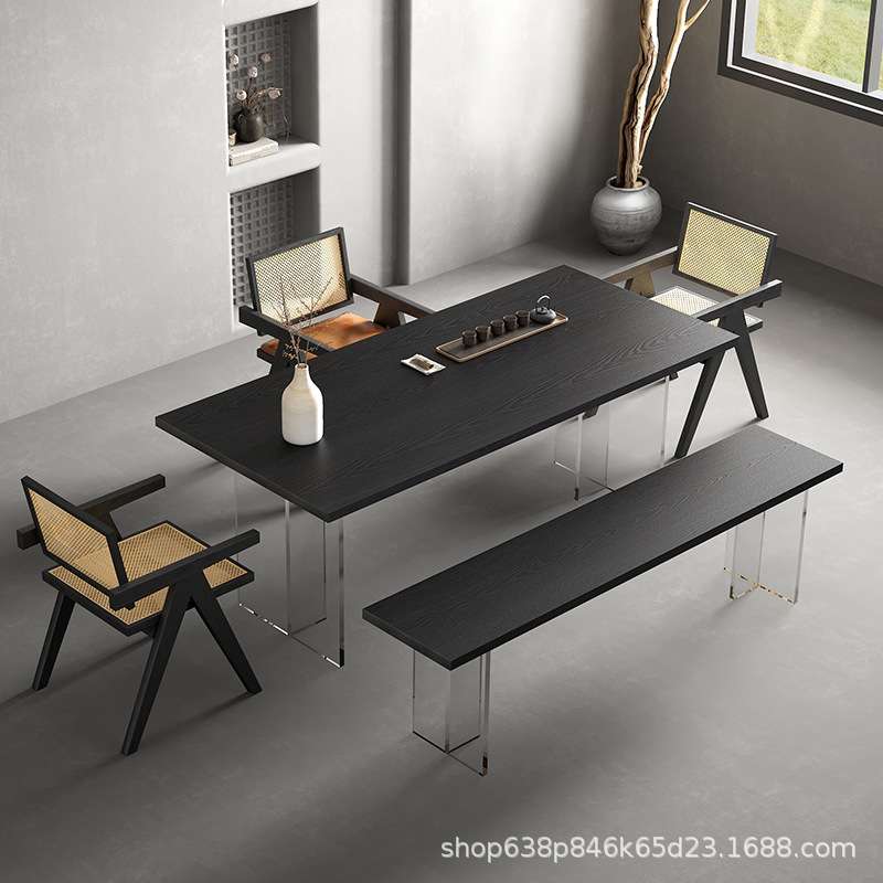 侘寂风黑色实木茶桌极简风餐桌家用亚克力悬浮会议办公书桌小户型