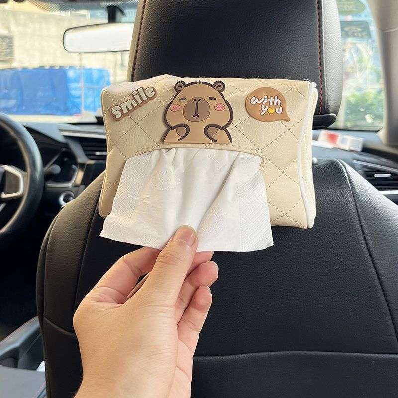 车载纸巾盒卡通卡皮巴拉车用抽纸套汽车扶手箱纸袋车内可爱装饰品
