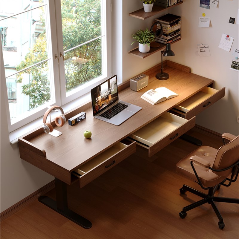 电动升降桌全实木带抽屉桌学w生阅读学习桌卧室家庭电脑桌办公桌