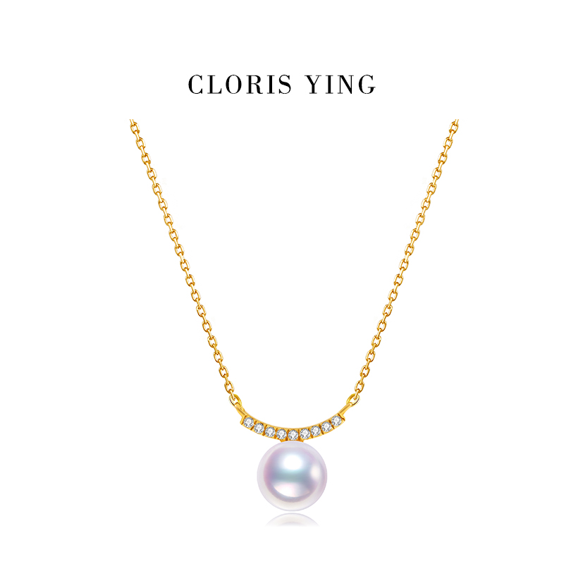 CLORIS  YING月牙Akoya海水珍珠吊坠项链女法式轻奢18k金带钻颈链
