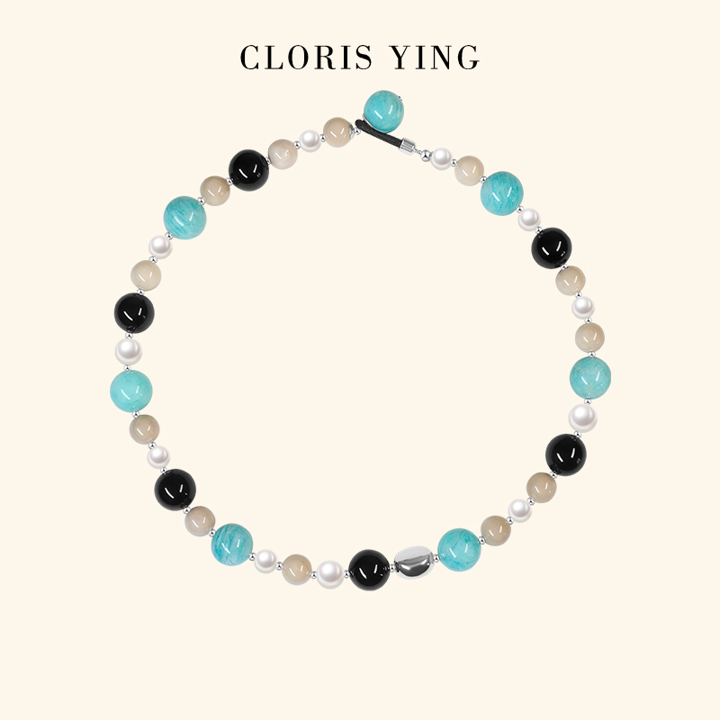 CLORIS  YING天然蓝色宝石天河石彩色串珠贝珠玛瑙s925银锁骨项链