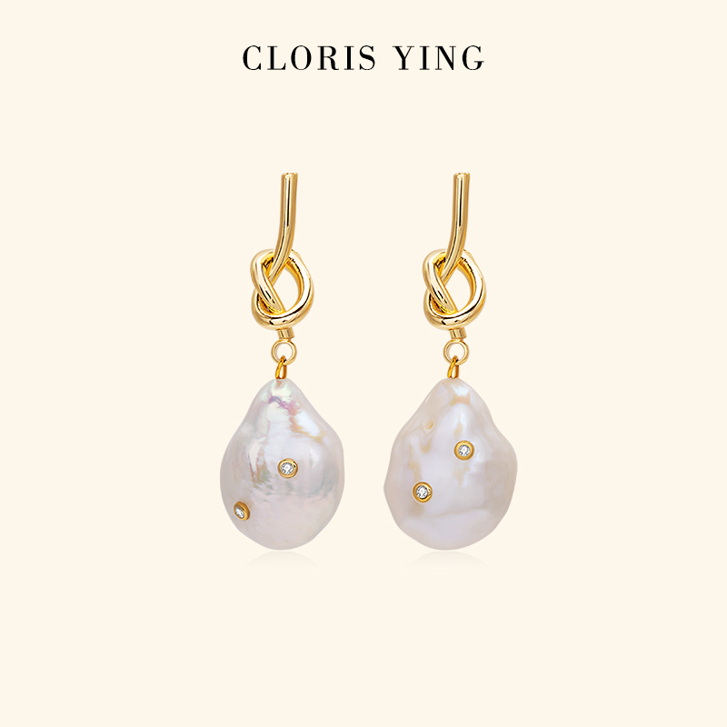 CLORIS  YING巴洛克珍珠耳饰女小清新绳结款异形耳钉耳坠生日礼物