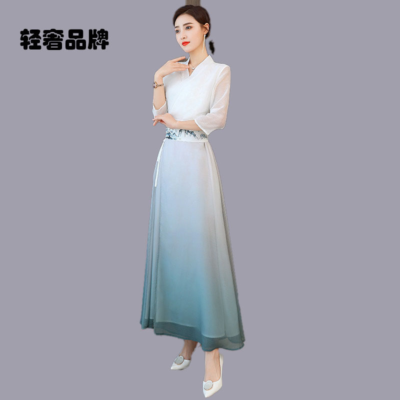 朗姿约定汉服改良中国风文艺复古装长旗袍裙禅意茶女束腰连衣裙
