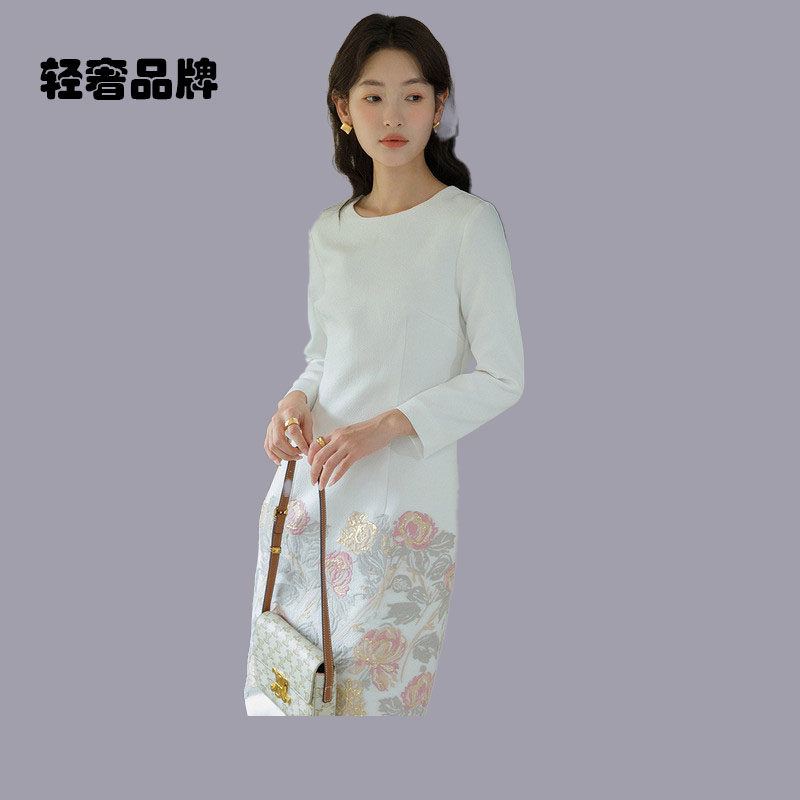 朗姿约定春秋打底百搭白色连衣裙刺绣提花名媛气质正装旗袍裙