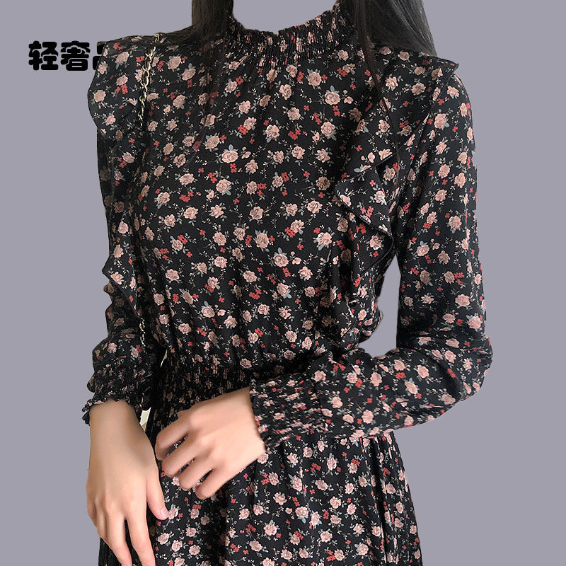 朗姿约定2026法式长袖连衣裙女春秋裙子气质显瘦显高碎花打底长裙