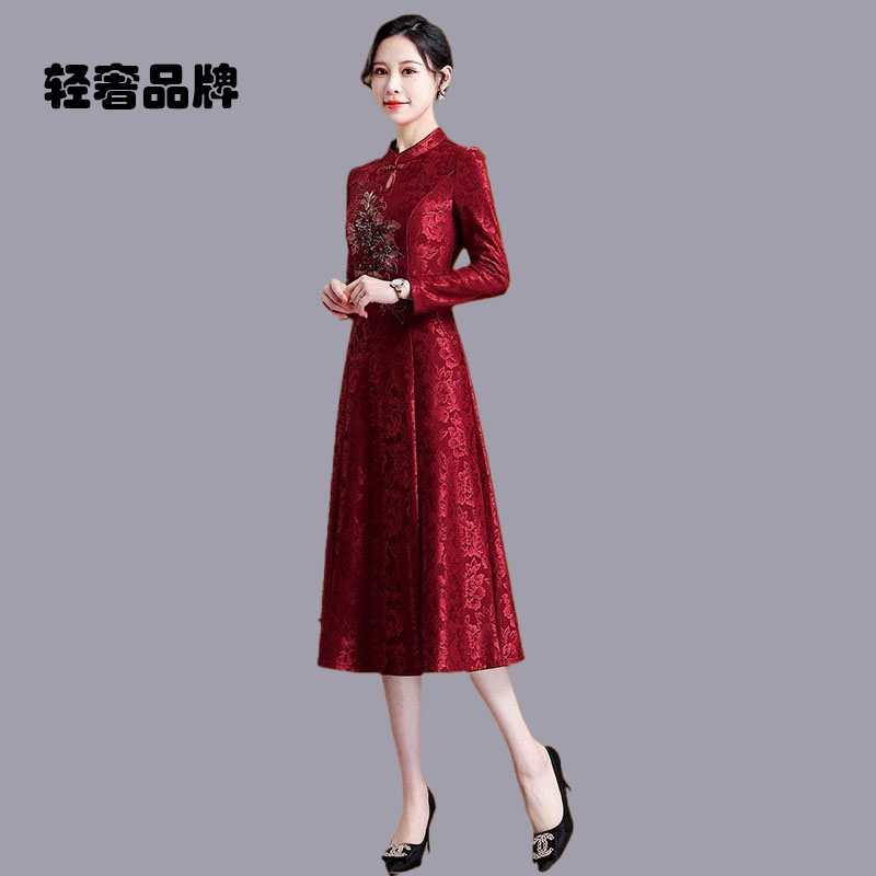 朗姿约定喜婆婆婚宴装新中式旗袍连衣裙秋冬年轻妈妈礼服平时可穿