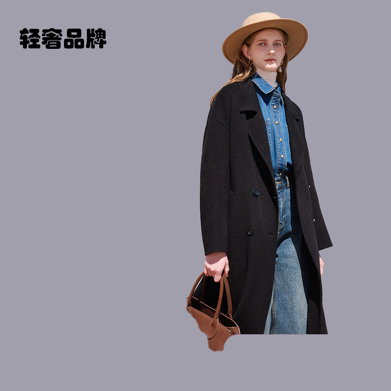 约定黑色全羊毛长款双面毛呢外套2025冬季新款双排扣女装外套