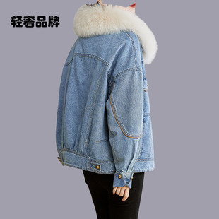 朗姿约定狐狸毛领牛仔派克羽绒服女内胆可拆卸冬装活里活面短外套