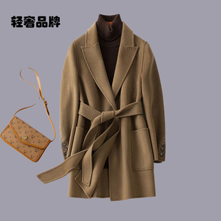 朗姿约定2025新款双面羊绒大衣女中款系带收腰手缝羊毛呢子外套