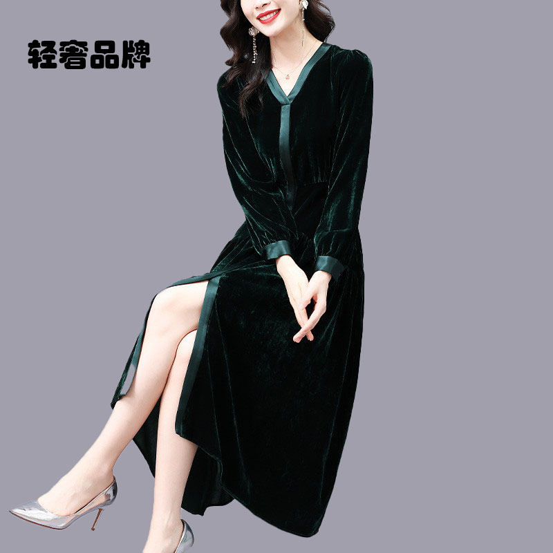 朗姿约定金丝绒连衣裙2025秋装新款收腰高贵优雅气质长裙奢华