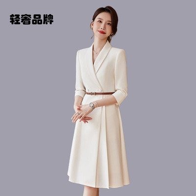 朗姿约定米白色连衣裙女士气质时尚西服裙子主持人上镜职业正装裙