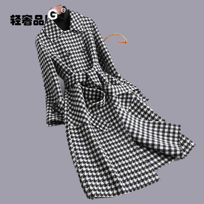 朗姿约定千鸟格双面呢羊绒大衣女中长款高端格子毛呢外套秋冬季