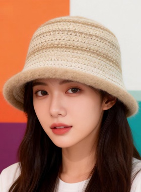 新款日系卷边针织渔夫帽女秋冬加厚保暖毛绒帽子时尚百搭水桶帽女