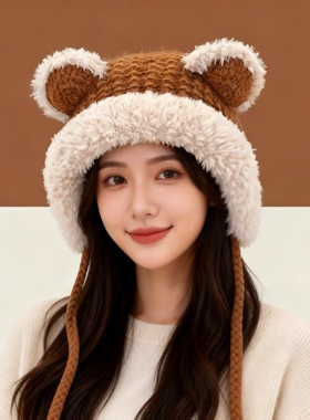 冬季可爱耳朵毛线帽子女2026新款保暖护耳针织雷锋帽韩版百搭冷帽