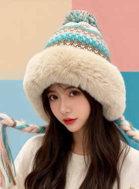 针织帽子女款冬季加绒保暖护耳帽撞色流苏辫子加厚防寒套头帽冷帽
