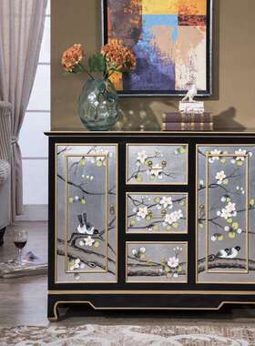新中式玄关柜古典彩绘花鸟柜子酒店餐厅边柜烤漆银箔黑色家具