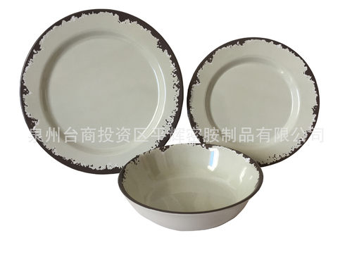 密胺仿瓷生锈复古乡村裂纹12件套密胺餐具 密胺8寸和10寸裂纹盘