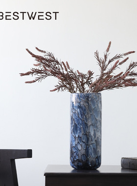 博西家居蓝色大理石鹅卵石直筒柱状水培玻璃花瓶家居花器软装饰品