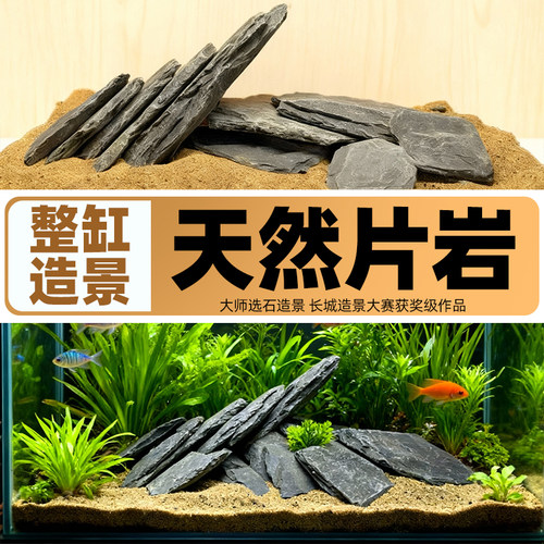 天然溪流石片鱼缸造景乌龟晒台