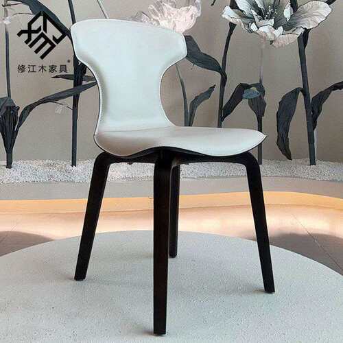 Poltrona极简轻奢马鞍皮餐椅家用北欧实木马鞍皮靠背椅酒店吧椅