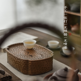 茶盘纯铜壶承纯手工紫铜壶垫家用轻奢小干泡台茶盘 复古做旧储水式