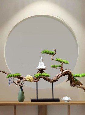 新中式根雕风化枯木摆件 陶瓷佛像观音客厅玄关酒店禅意家居装饰