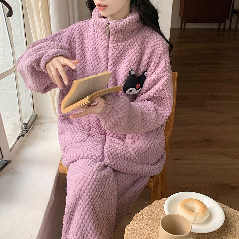 珊瑚绒睡衣女春秋冬季加厚保暖可爱法兰绒家居服公主风套装卡通