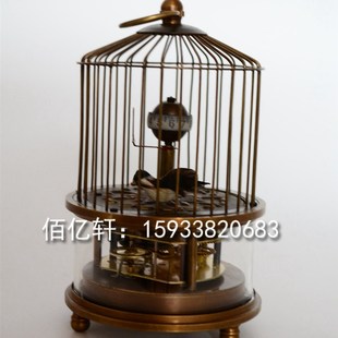 钟表机械纯铜鸟笼把玩小座钟 古典趣味老式发条玻璃鸟笼摆件