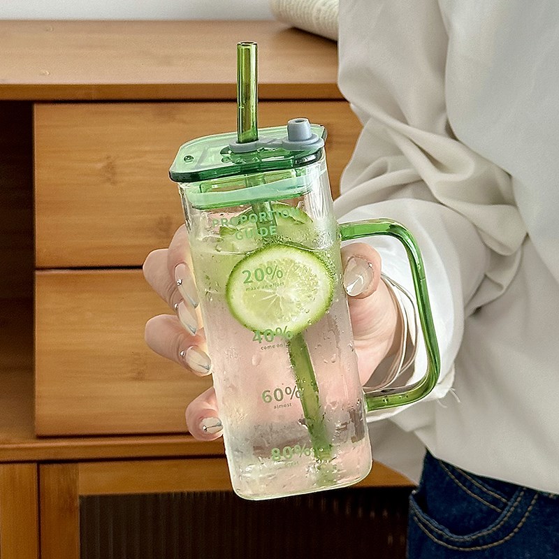 耐高温玻璃杯带把手家用办公室吸管水杯女生高颜值夏天果汁杯
