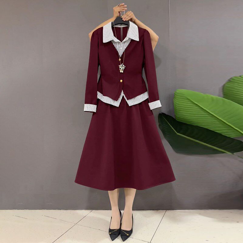 大码女装2024秋季新款胖妹妹气质假两件上衣松紧腰大摆半身裙套装