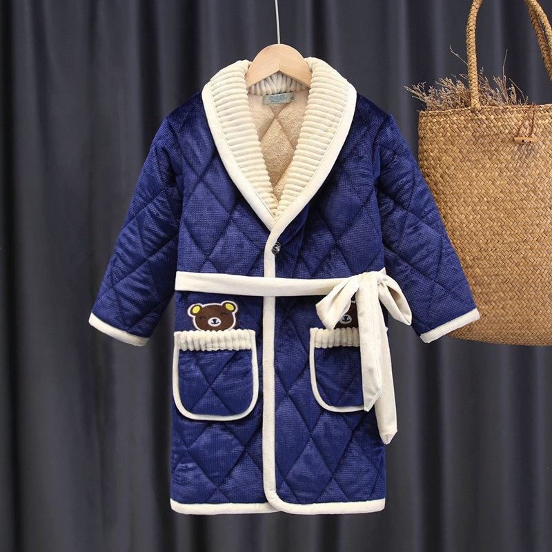 儿童睡袍冬季女童男童法兰绒夹棉可爱睡衣加厚宝宝大童浴袍亲子装