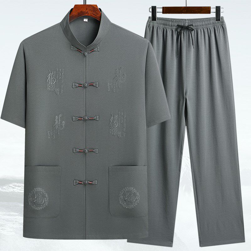 夏季唐装男短袖套装中老年爸爸装中国风老人衣服爷爷套装衬衫薄款,男装,唐装,淘宝优惠券,粉丝福利购,淘宝优惠卷
