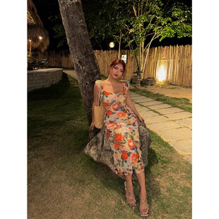 楠哥微胖大码胖mm连衣裙女夏季薄款修身显瘦复古碎花海边度假长裙