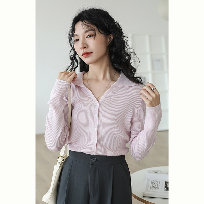 淡紫色polo领针织衫女2025新款设计感修身翻领上衣薄款毛衣开衫春