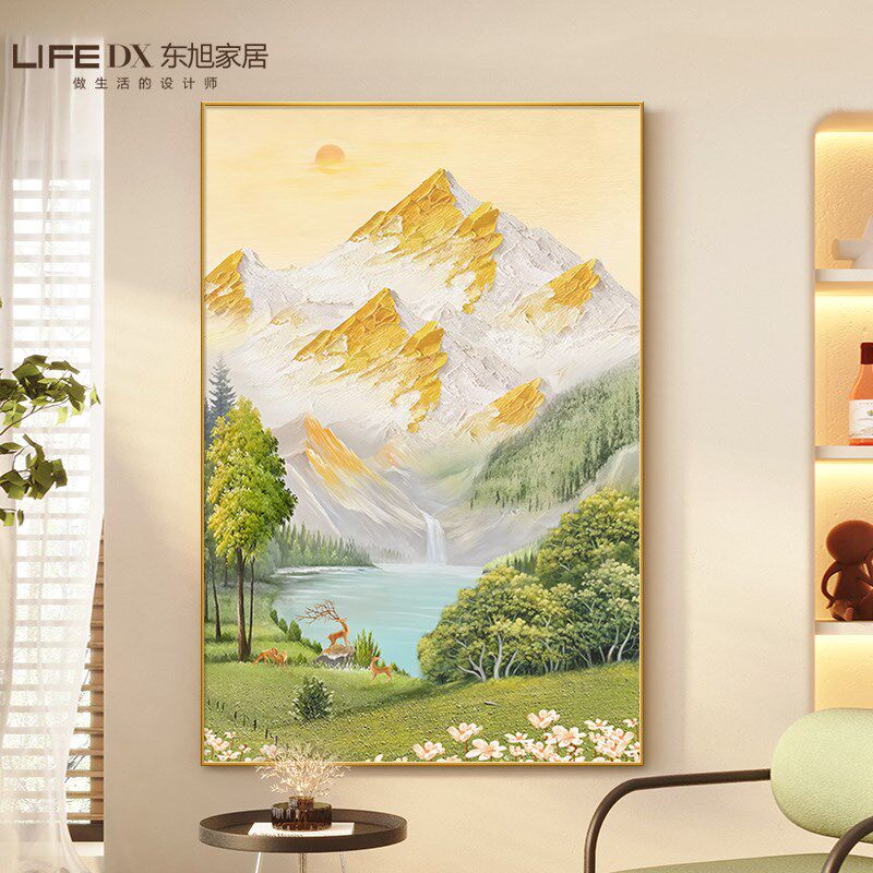 日照金山客厅高级感手绘油画背有靠山装饰画入户玄关山水风景挂画