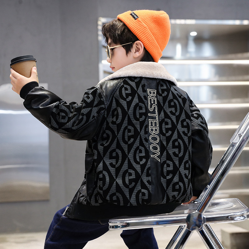 男童冬装皮衣外套2023新款儿童加绒加厚皮夹克中大童秋冬款上衣潮