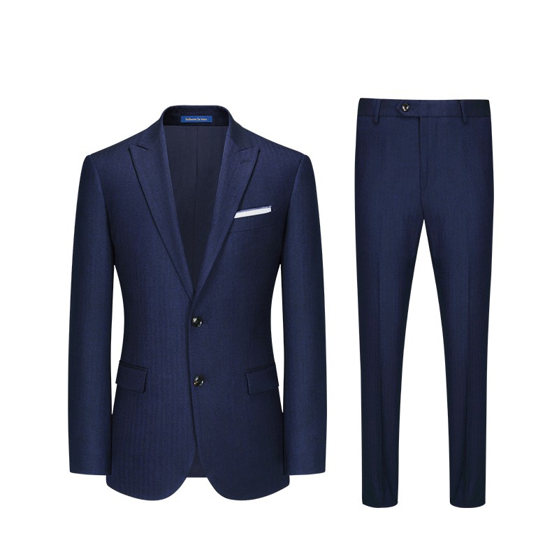 【澳嘉】纯羊毛西装男套装蓝色正装男士修身新郎结婚礼服定制西服
