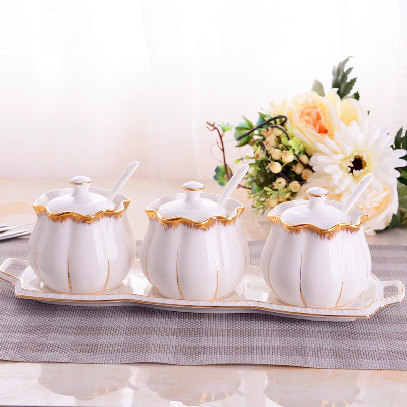 欧式陶瓷描金油壶小号油瓶酱油壶调味瓶餐桌醋壶酱油壶子带瓷盘套