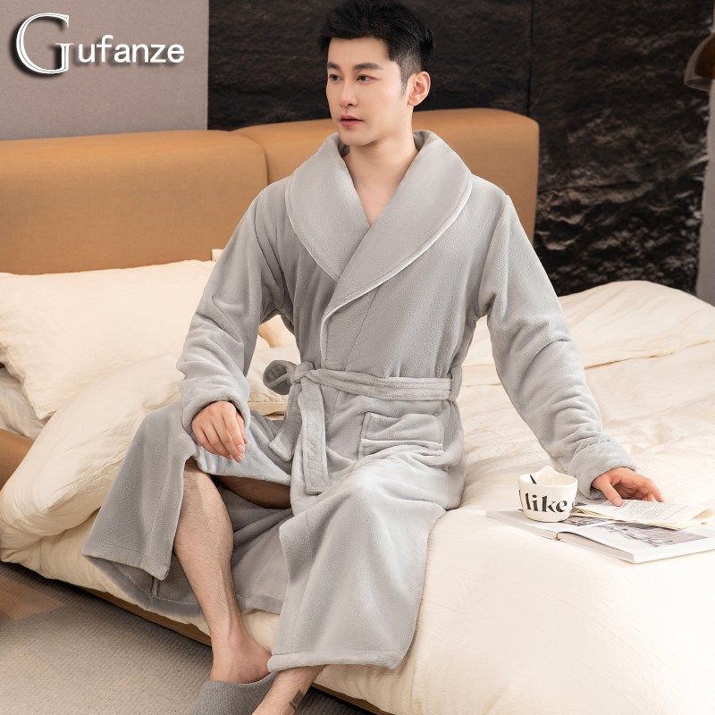 睡衣男士睡袍长款秋冬季珊瑚绒加厚加绒法兰绒浴袍男款加大码浴衣