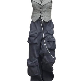 大码胖妹妹挂脖背心马甲上衣女夏季宽松工装阔腿裤时尚两件套装潮